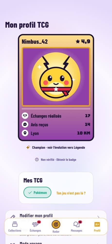 Mon profil TCG avec l'avatar Étincelle au stade Champion